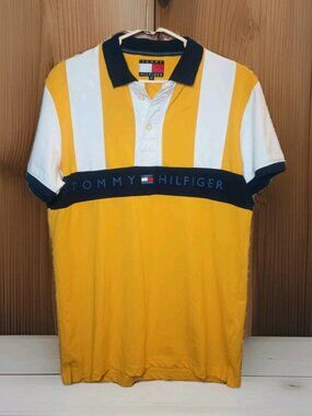 Vintage Tommy Hilfiger Polo Shirt Yellow/Blue Slim Striped Short Sleeve Men's XL